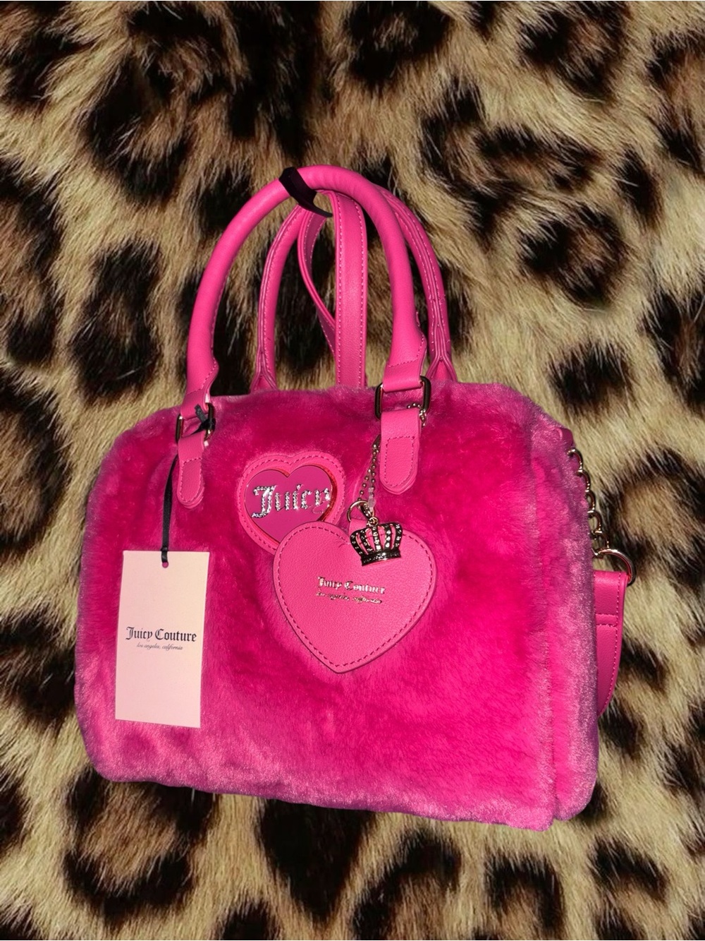 NWT Juicy Couture Hot Pink Faux Fur Heart Satchel with Charm